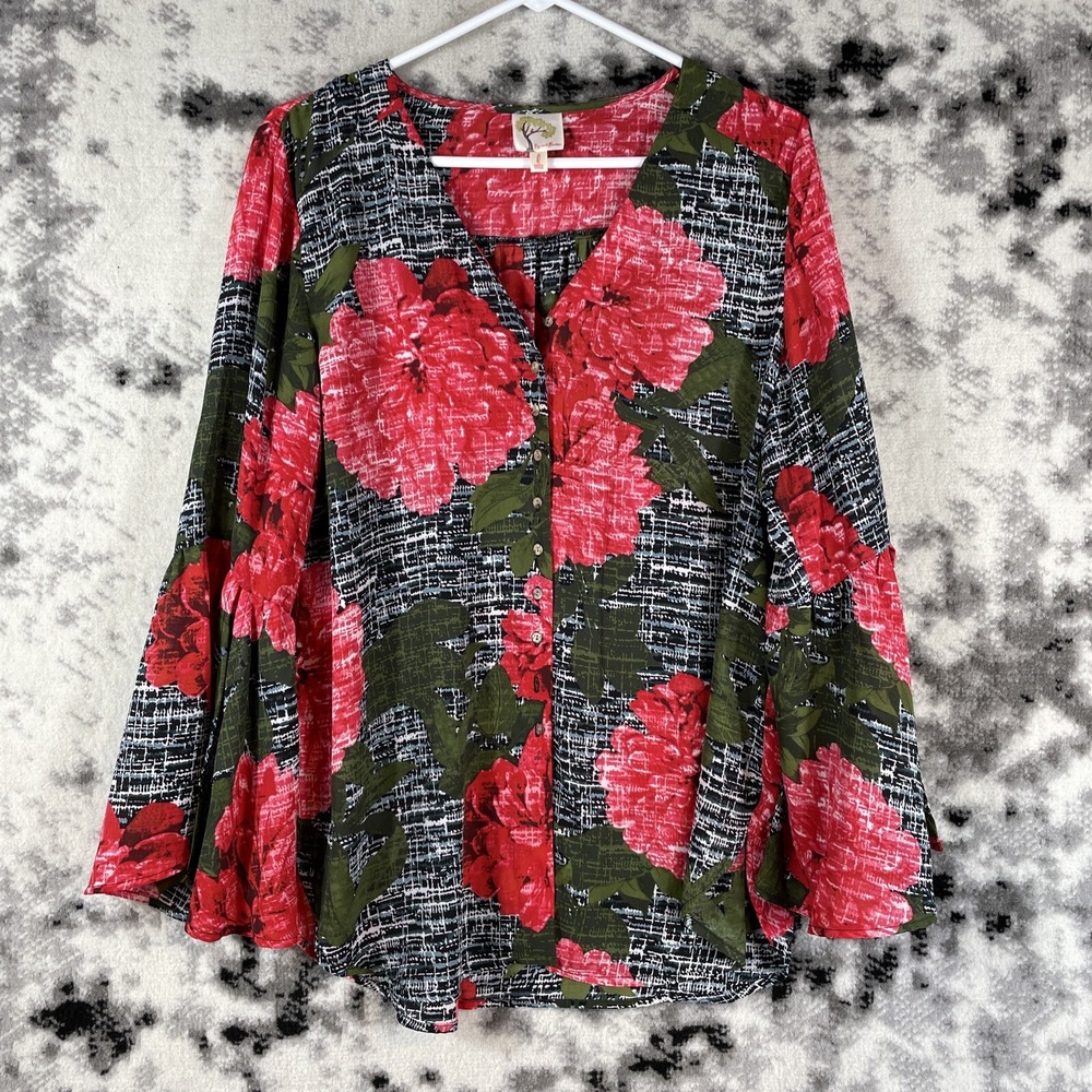 Fig‎ & Flower Blouse Women's Size Large Boho Floral Polyester Comfort Casual